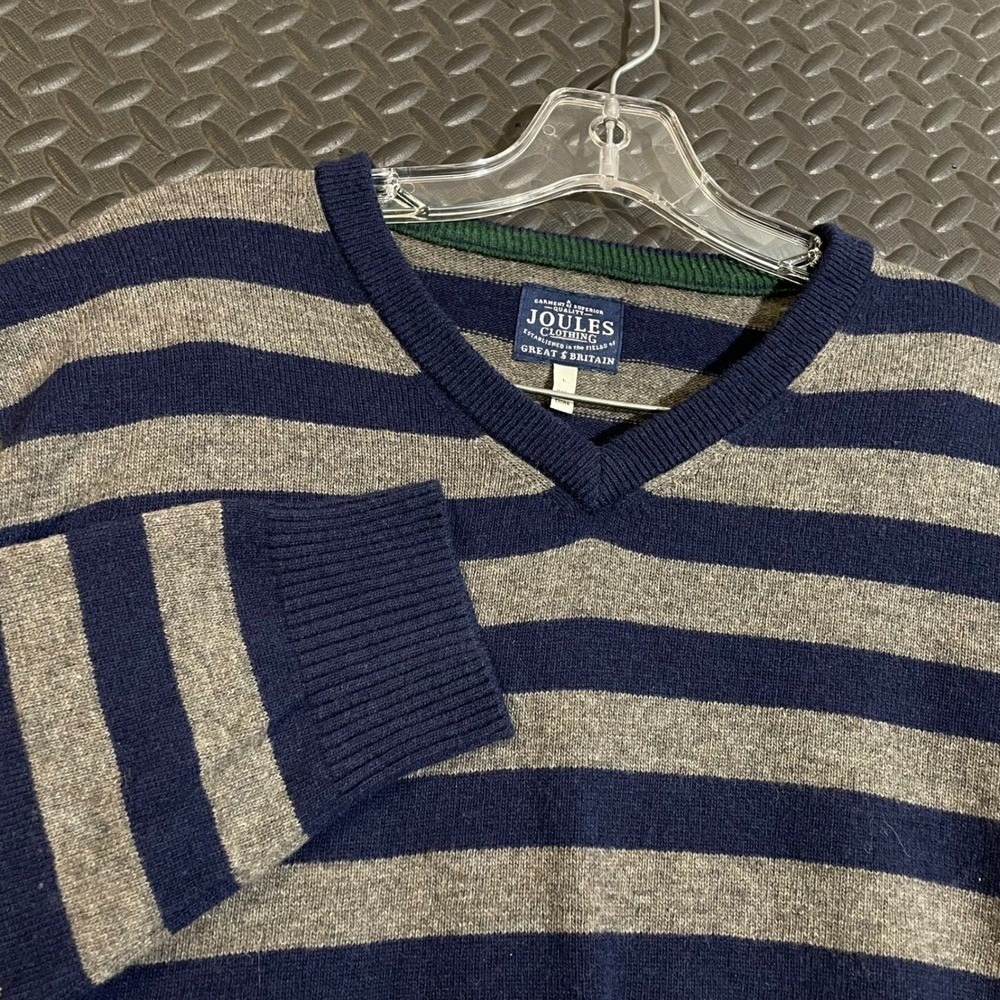 Vintage Joules Clothing Gray‎ Blue Wool Striped Pullover V-Neck Sweater Men L